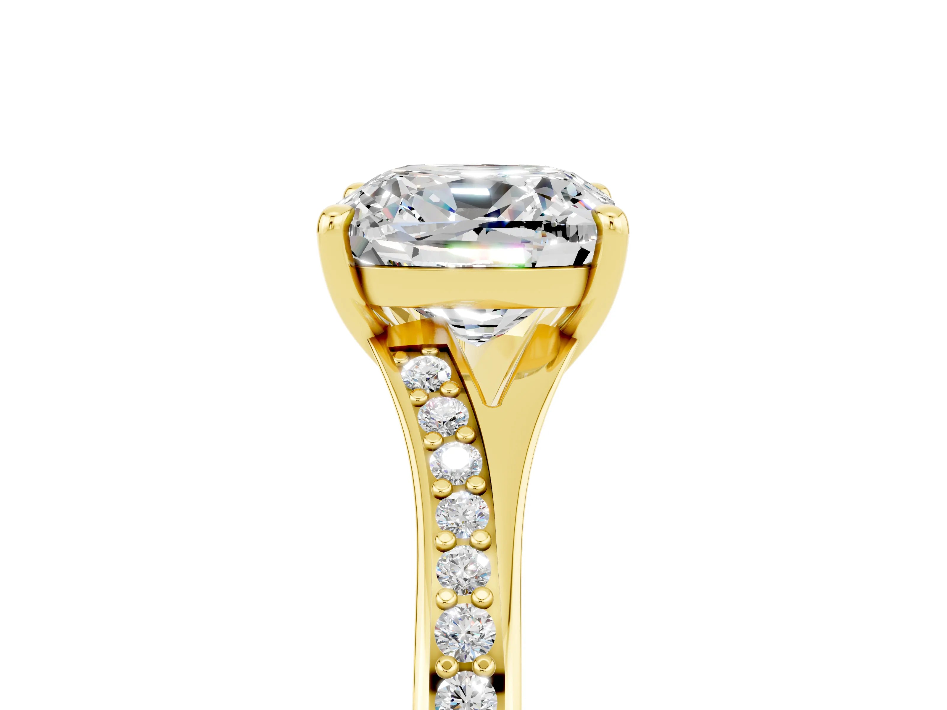 Yellow gold Cushion Cut Moissanite Solitaire Ring with Pavé Band and Prong Setting_17