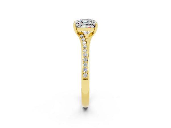 Yellow gold Cushion Cut Moissanite Solitaire Ring with Pavé Band and Prong Setting
