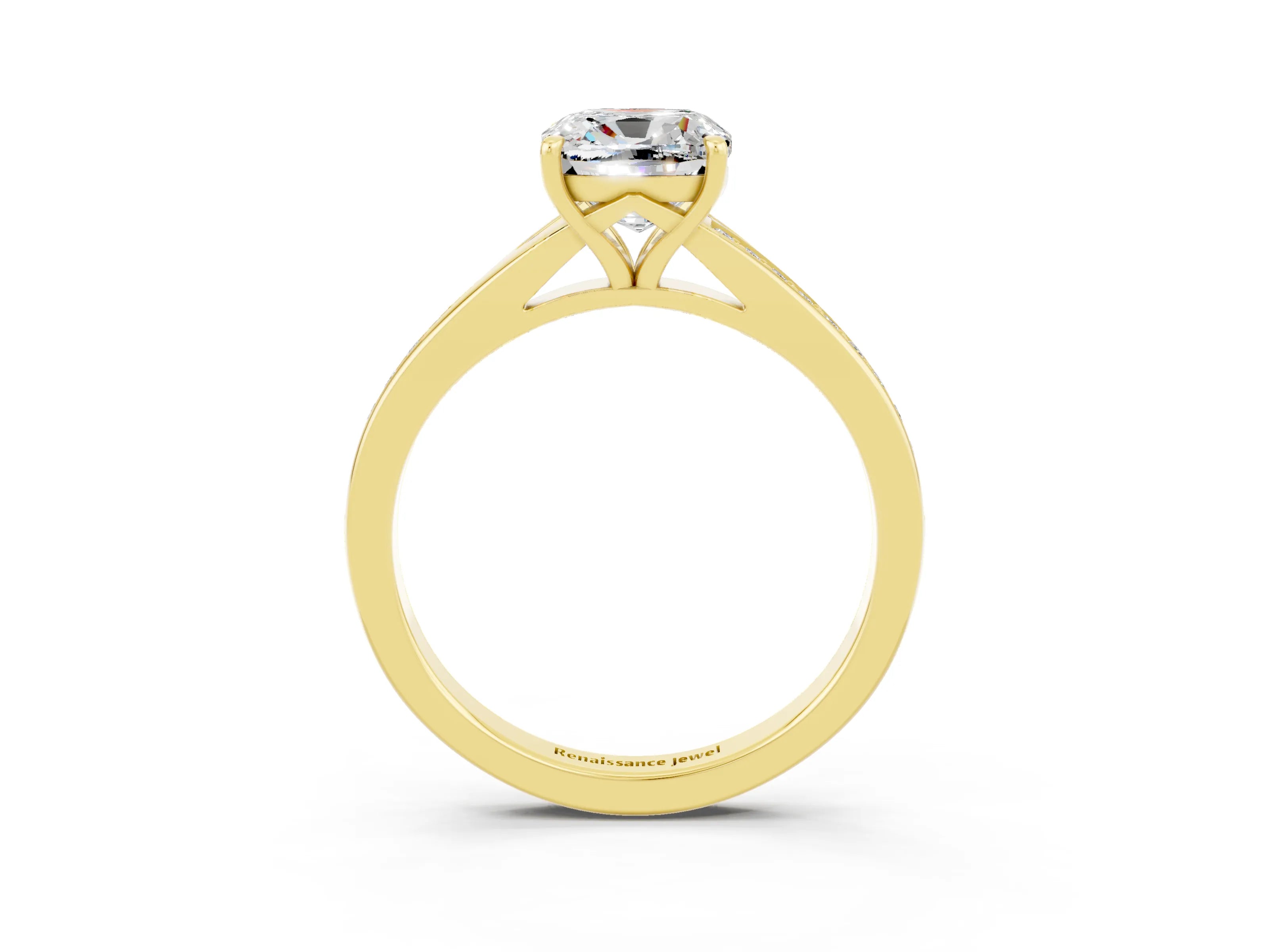 Yellow gold Cushion Cut Moissanite Solitaire Ring with Pavé Band and Prong Setting_3