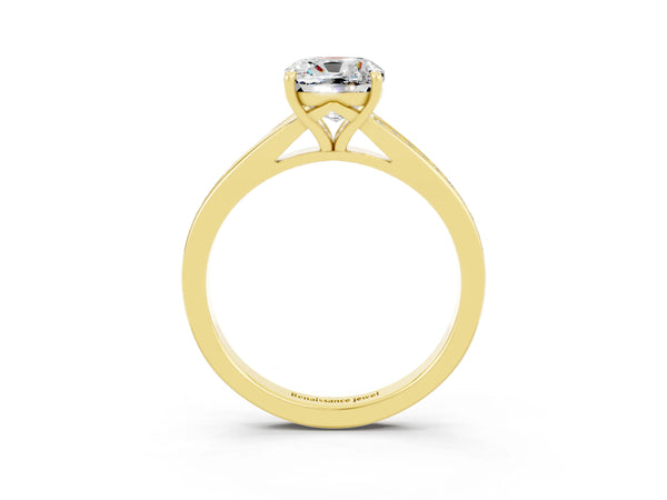 Yellow gold Cushion Cut Moissanite Solitaire Ring with Pavé Band and Prong Setting