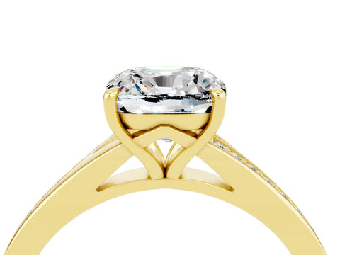 Yellow gold Cushion Cut Moissanite Solitaire Ring with Pavé Band and Prong Setting_4