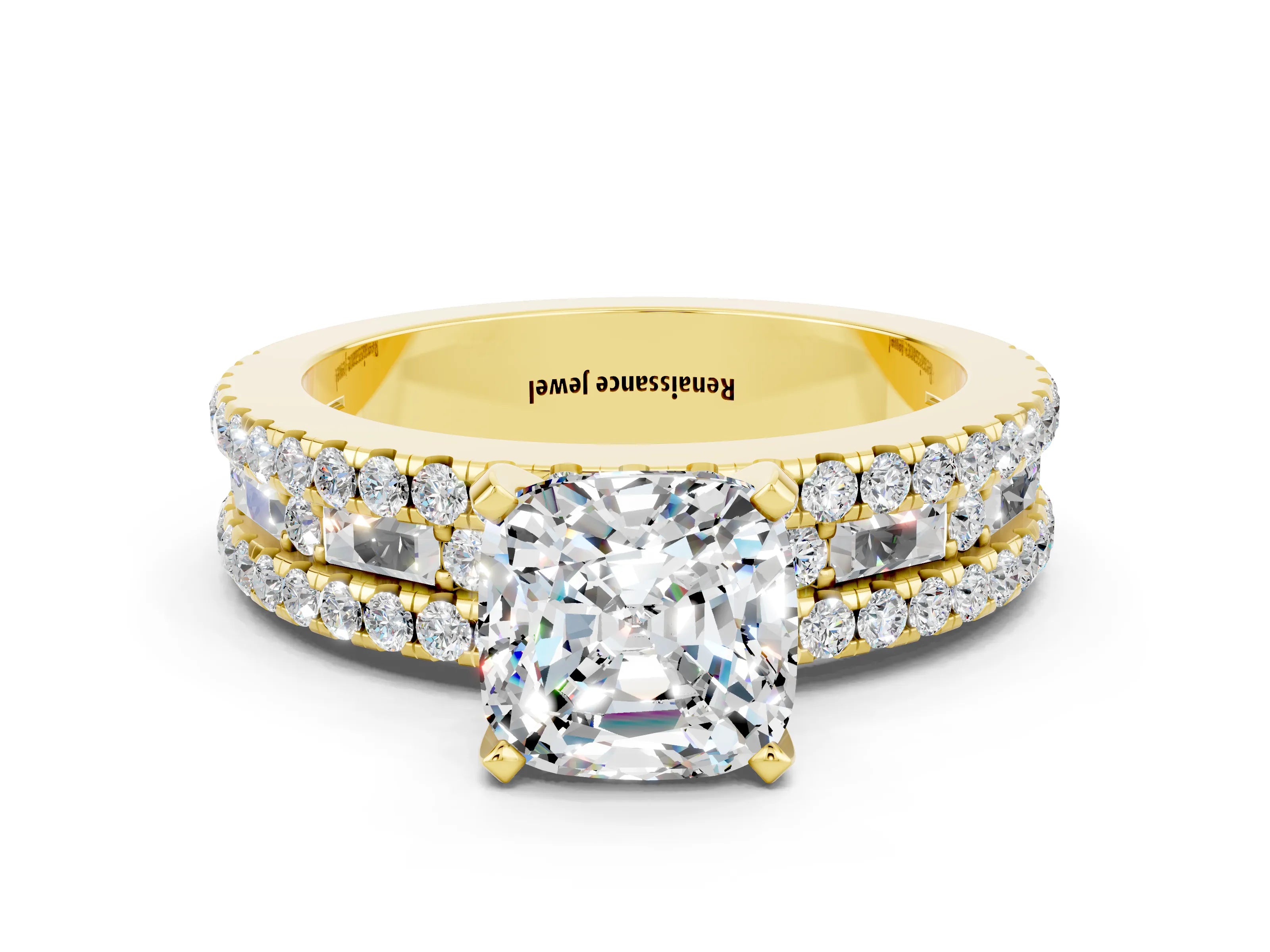 Yellow gold Cushion Cut Moissanite Solitaire Ring with Pavé and Channel Set Band