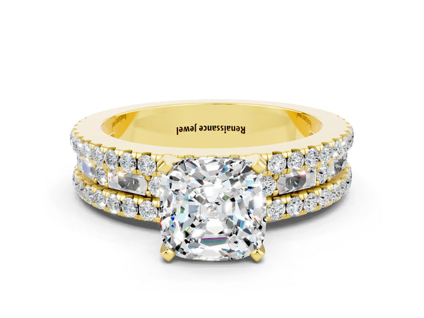 Yellow gold Cushion Cut Moissanite Solitaire Ring with Pavé and Channel Set Band