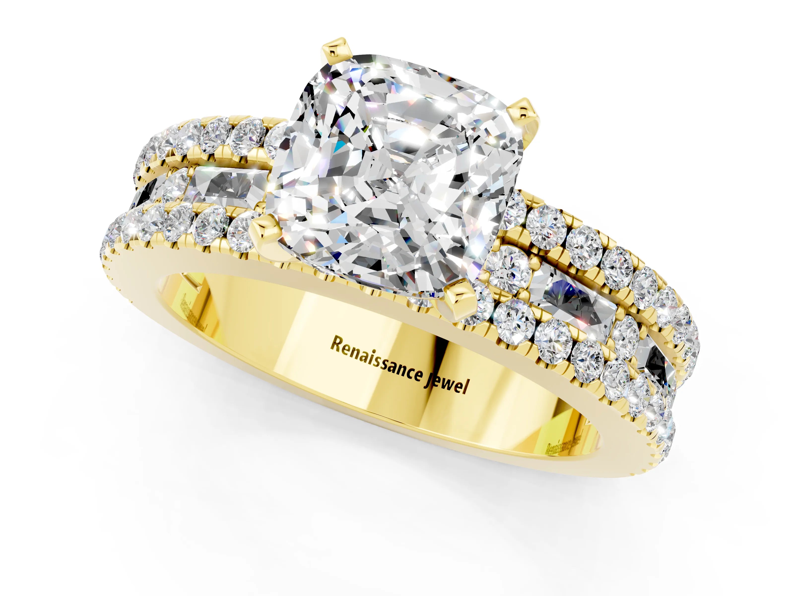 Yellow gold Cushion Cut Moissanite Solitaire Ring with Pavé and Channel Set Band_1
