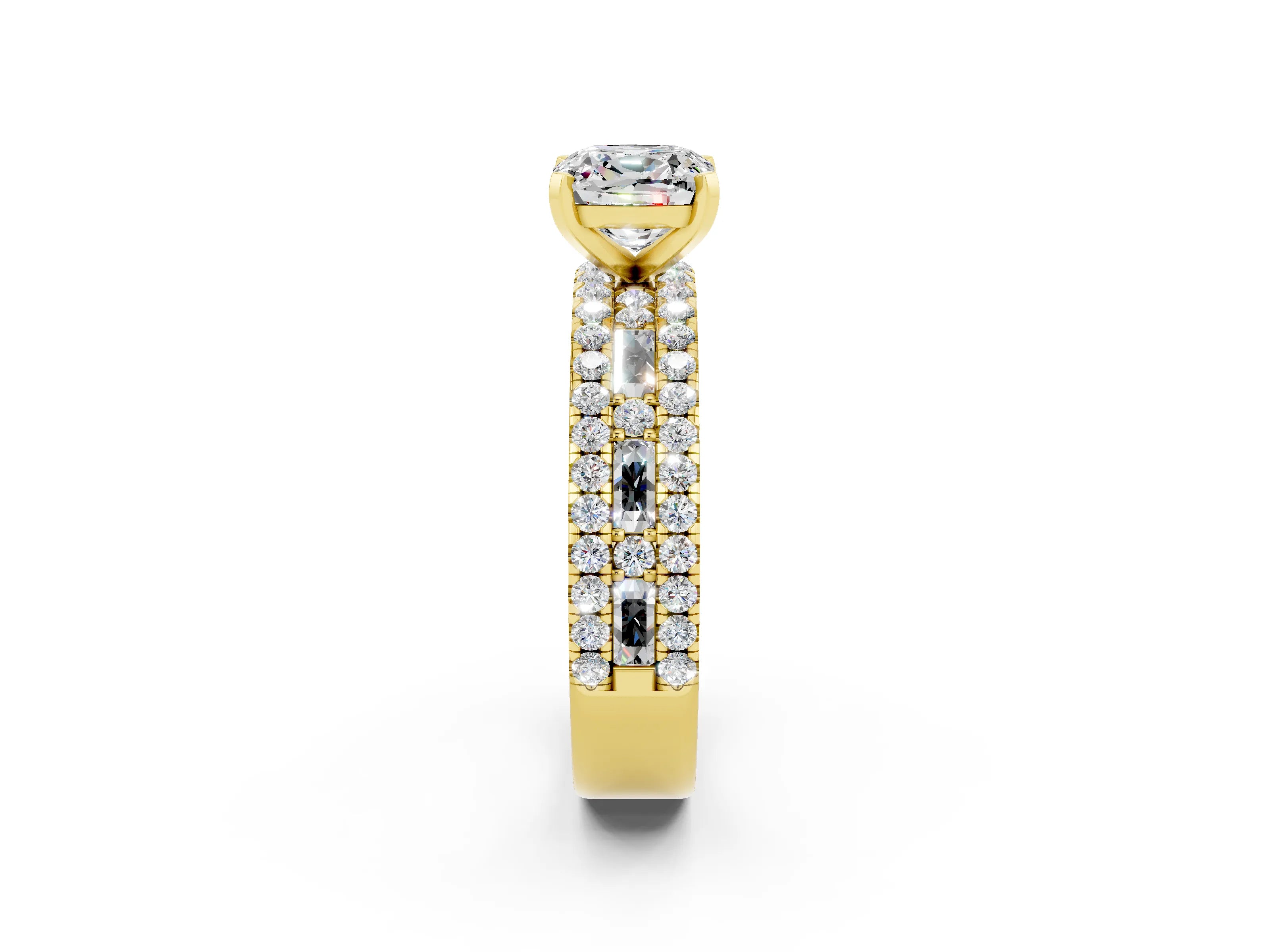 Yellow gold Cushion Cut Moissanite Solitaire Ring with Pavé and Channel Set Band_2