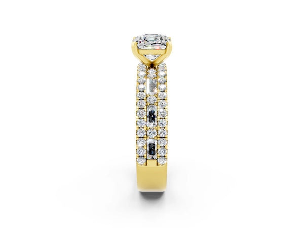 Yellow gold Cushion Cut Moissanite Solitaire Ring with Pavé and Channel Set Band