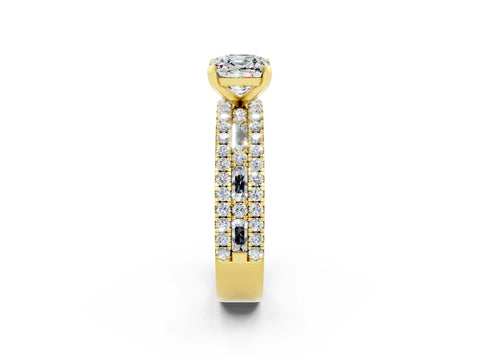 Yellow gold Cushion Cut Moissanite Solitaire Ring with Pavé and Channel Set Band_2