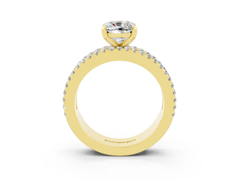 Yellow gold Cushion Cut Moissanite Solitaire Ring with Pavé and Channel Set Band_3