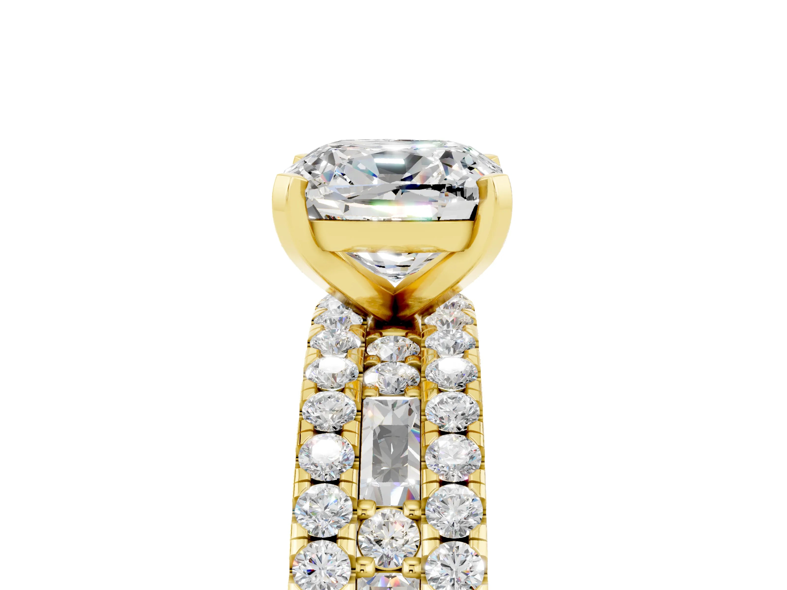 Yellow gold Cushion Cut Moissanite Solitaire Ring with Pavé and Channel Set Band_5