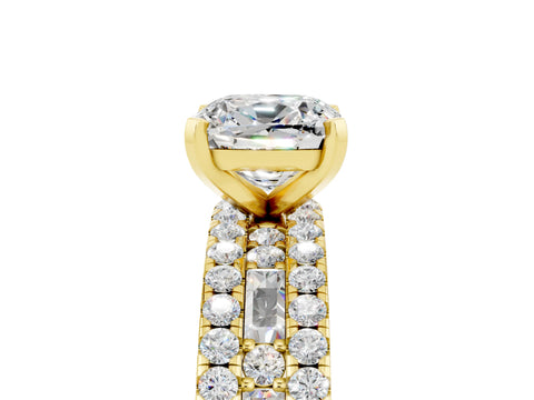 Yellow gold Cushion Cut Moissanite Solitaire Ring with Pavé and Channel Set Band_5
