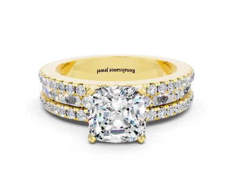 Yellow gold Cushion Cut Moissanite Solitaire Ring with Pavé and Channel Set Band