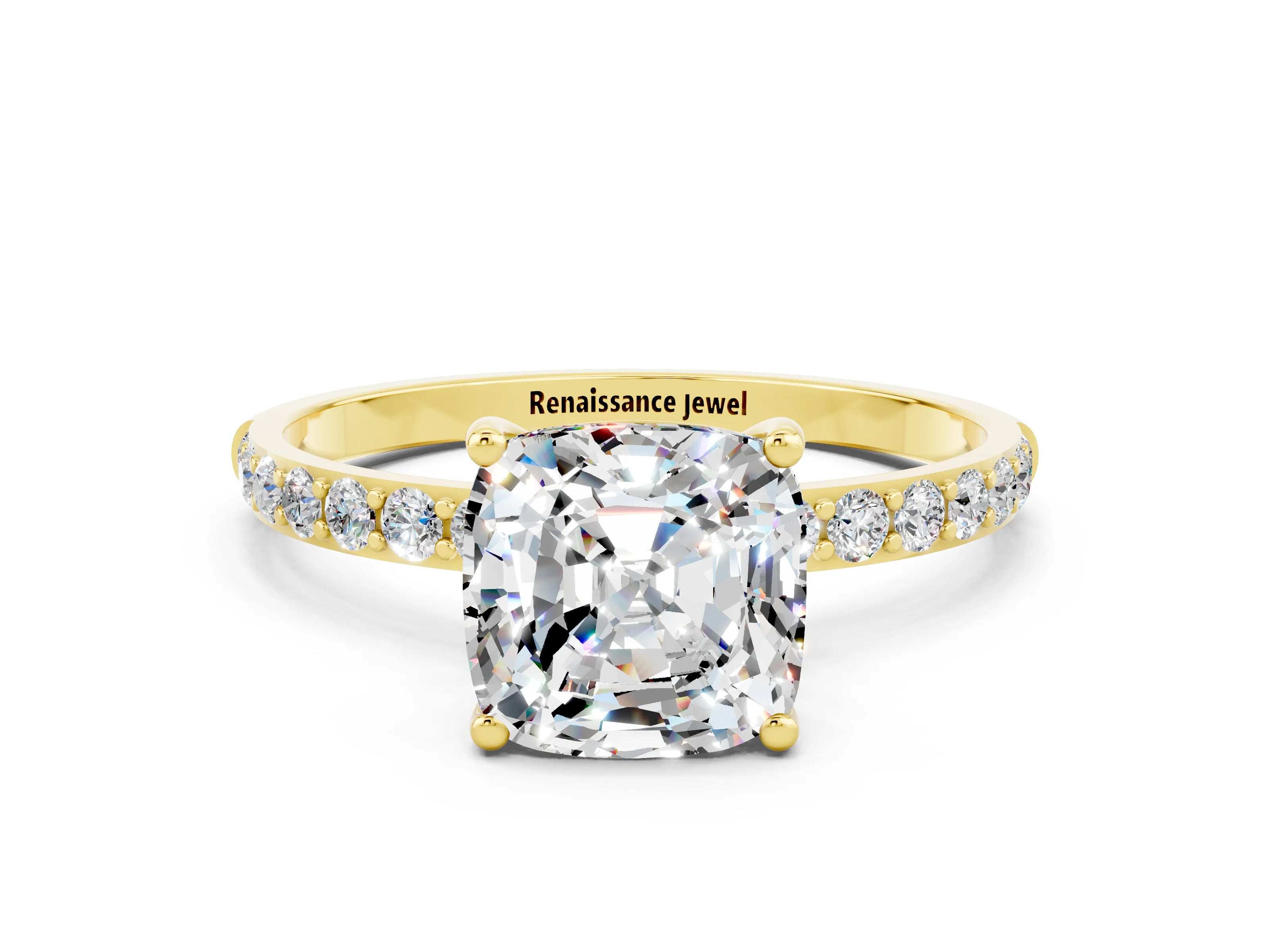 Yellow gold Cushion Cut Moissanite Solitaire Ring with Pave Band and Four Prong Setting_12