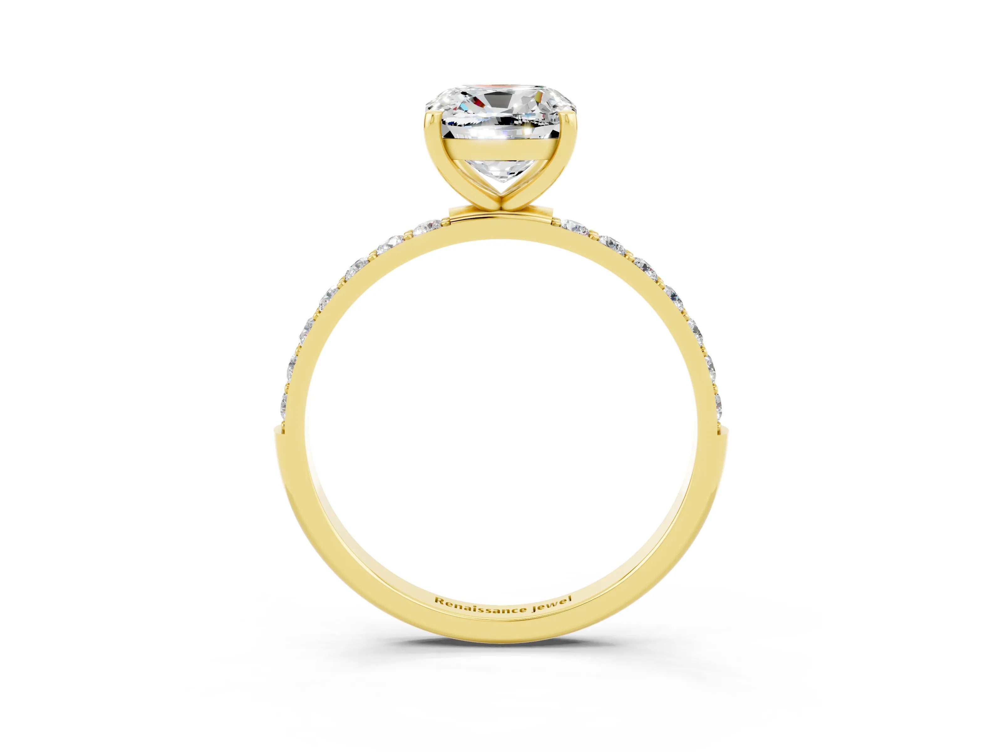 Yellow gold Cushion Cut Moissanite Solitaire Ring with Pave Band and Four Prong Setting_15