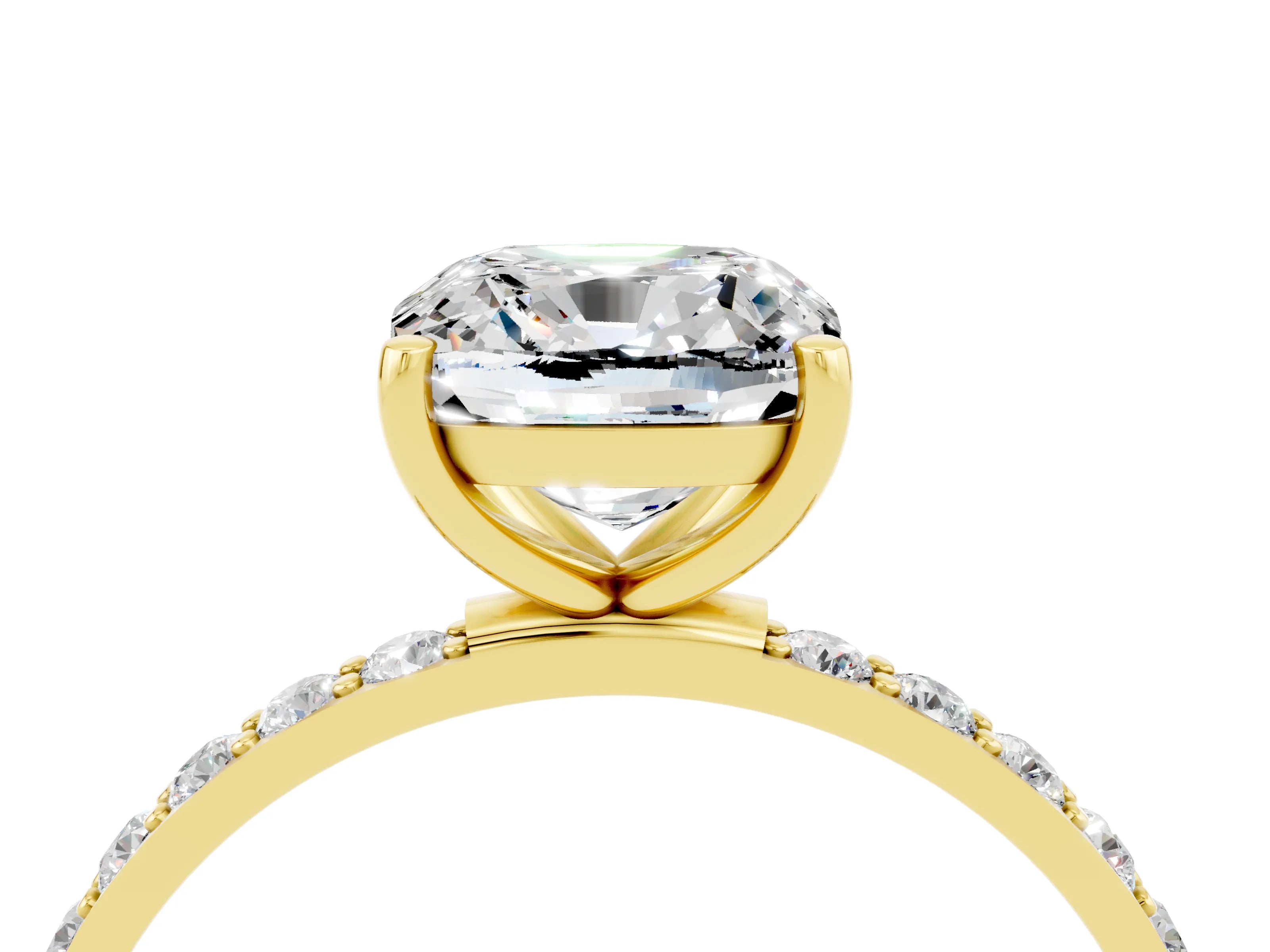 Yellow gold Cushion Cut Moissanite Solitaire Ring with Pave Band and Four Prong Setting_16