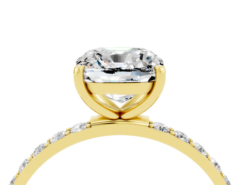 Yellow gold Cushion Cut Moissanite Solitaire Ring with Pave Band and Four Prong Setting_16