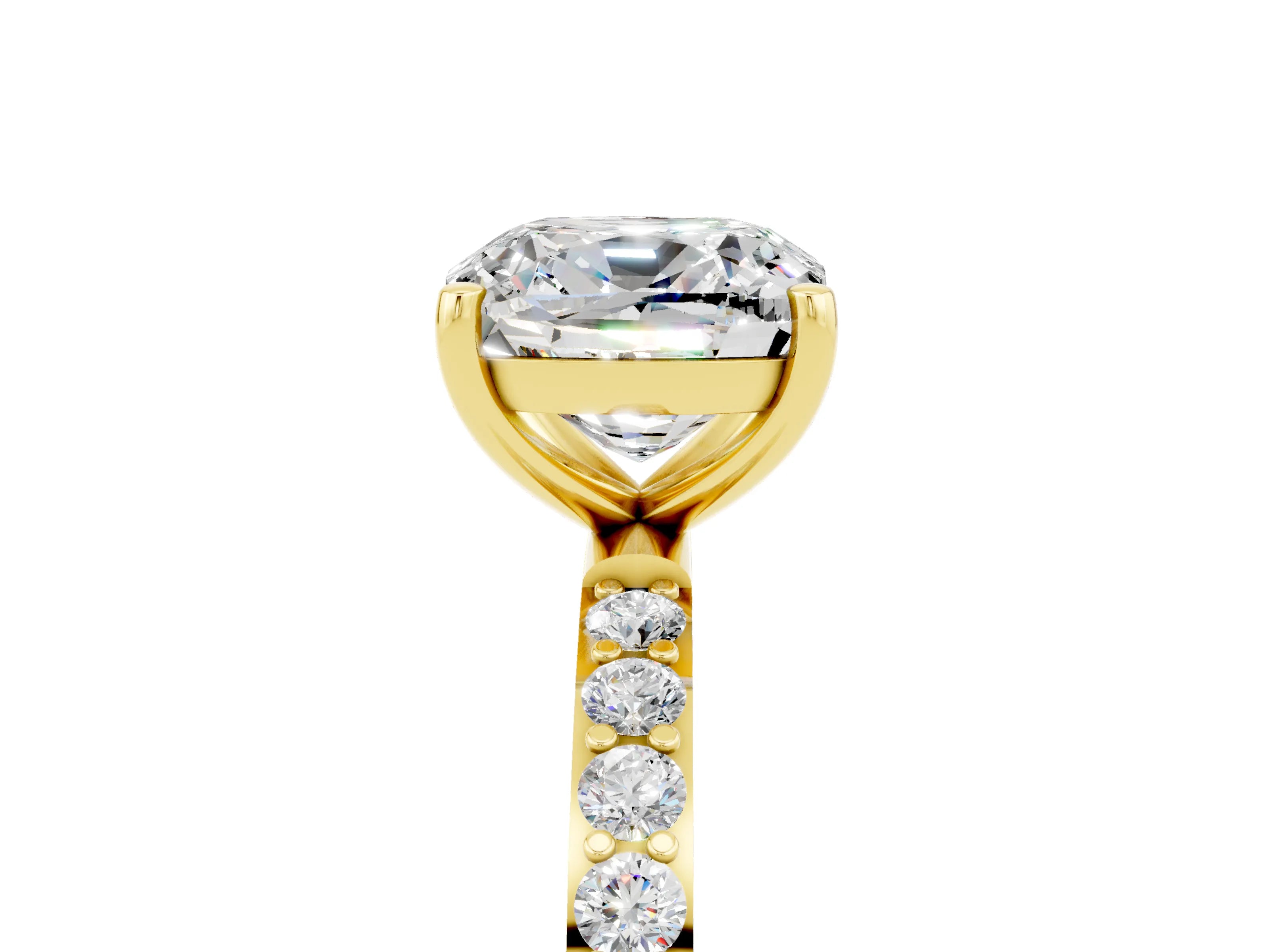 Yellow gold Cushion Cut Moissanite Solitaire Ring with Pave Band and Four Prong Setting_17