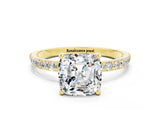 Yellow gold Cushion Cut Moissanite Solitaire Ring with Pave Band and Four Prong Setting_24