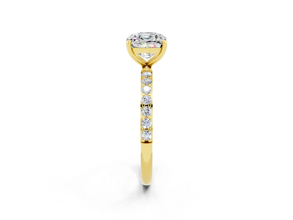 Yellow gold Cushion Cut Moissanite Solitaire Ring with Round  Pavé Band and Prong Setting