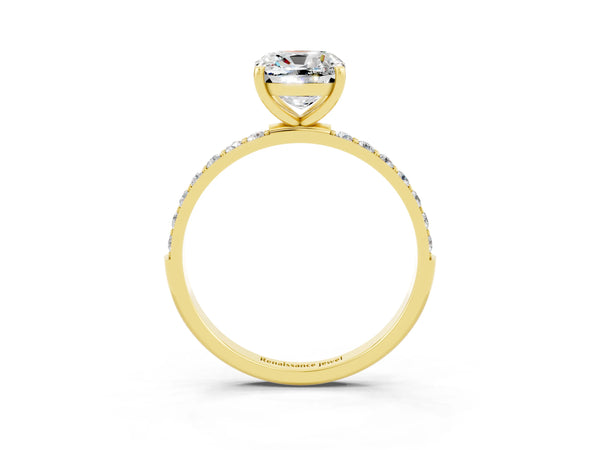 Yellow gold Cushion Cut Moissanite Solitaire Ring with Round  Pavé Band and Prong Setting
