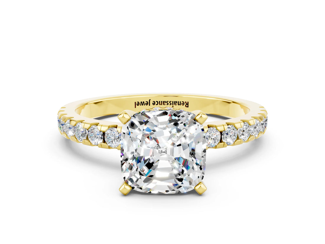 Yellow gold Cushion Cut Moissanite Solitaire Ring with Round  Pavé Band and Four-Prong Setting_36