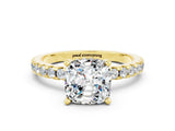 Yellow gold Cushion Cut Moissanite Solitaire Ring with Round  Pavé Band and Four-Prong Setting_36