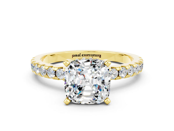 Yellow gold Cushion Cut Moissanite Solitaire Ring with Round Pavé Band and Four-Prong Setting