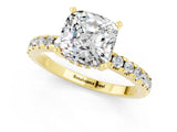 Yellow gold Cushion Cut Moissanite Solitaire Ring with Round  Pavé Band and Four-Prong Setting_37