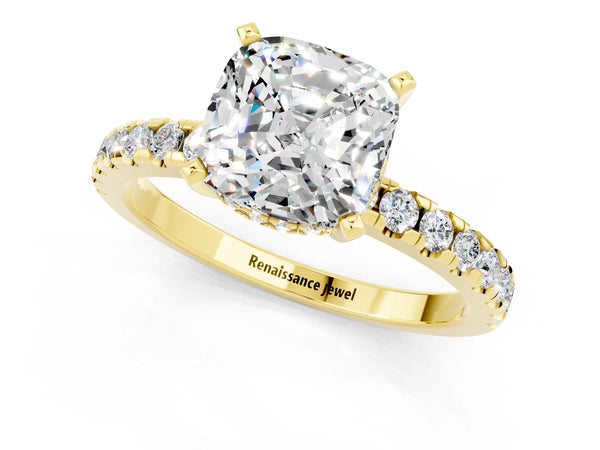 Yellow gold Cushion Cut Moissanite Solitaire Ring with Round Pavé Band and Four-Prong Setting