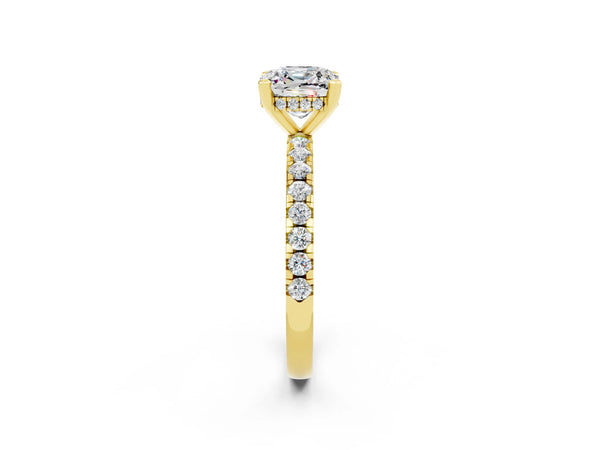Yellow gold Cushion Cut Moissanite Solitaire Ring with Round Pavé Band and Four-Prong Setting