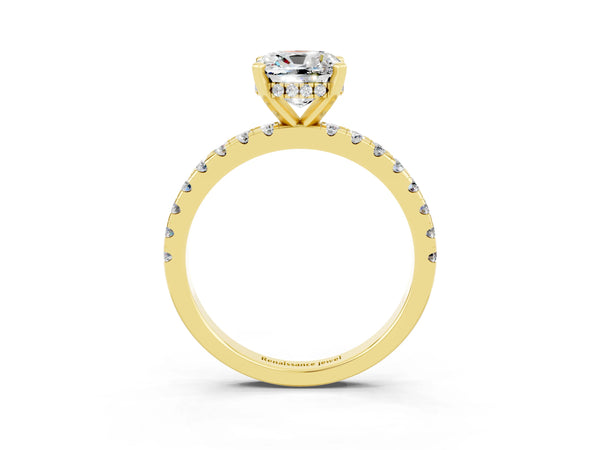 Yellow gold Cushion Cut Moissanite Solitaire Ring with Round Pavé Band and Four-Prong Setting