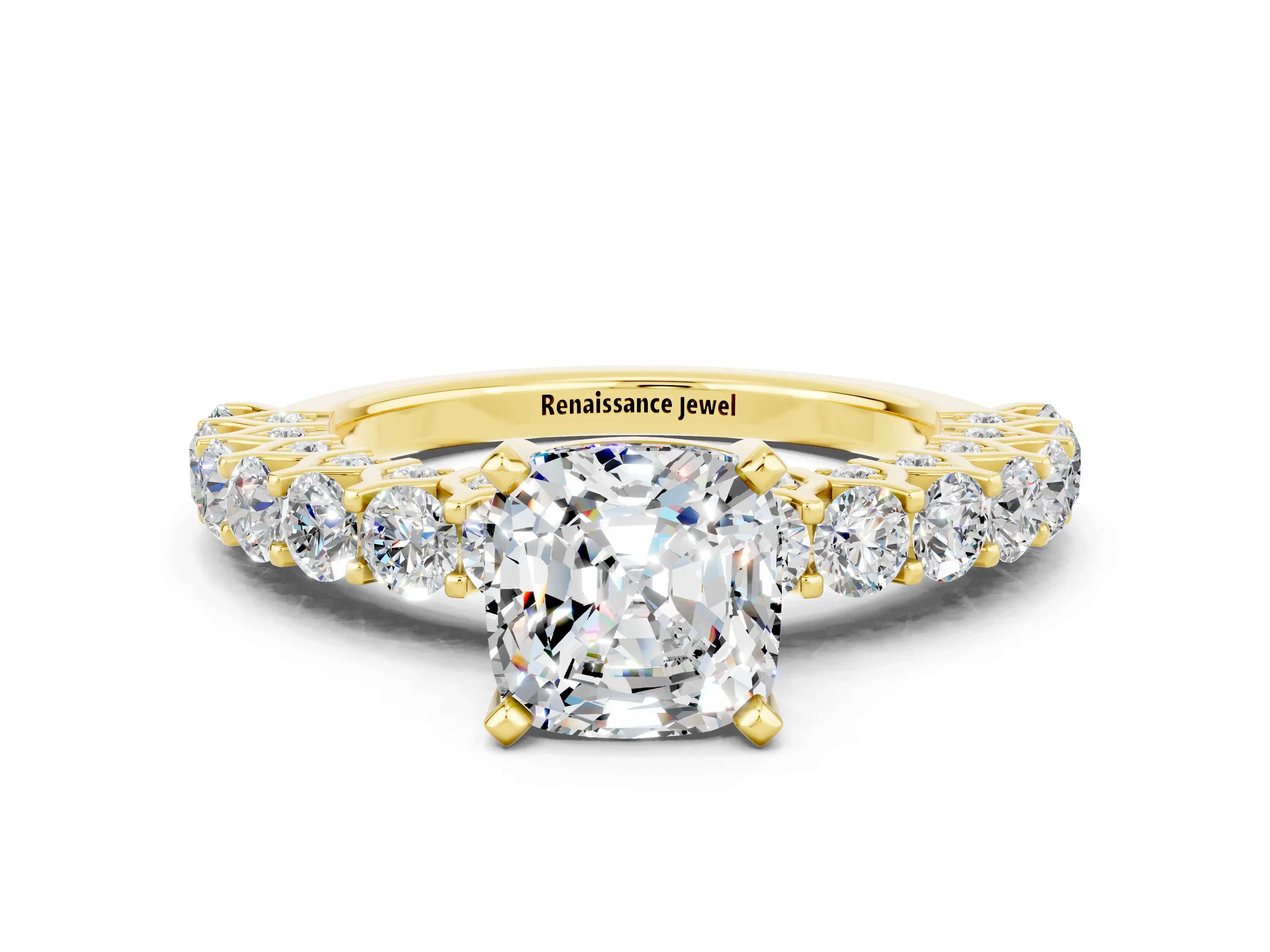 Yellow gold Cushion Cut Moissanite Solitaire Ring with Shared Prong Pavé Band and Four-Prong Setting