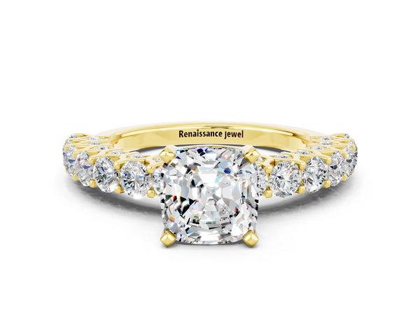 Yellow gold Cushion Cut Moissanite Solitaire Ring with Shared Prong Pavé Band and Four-Prong Setting
