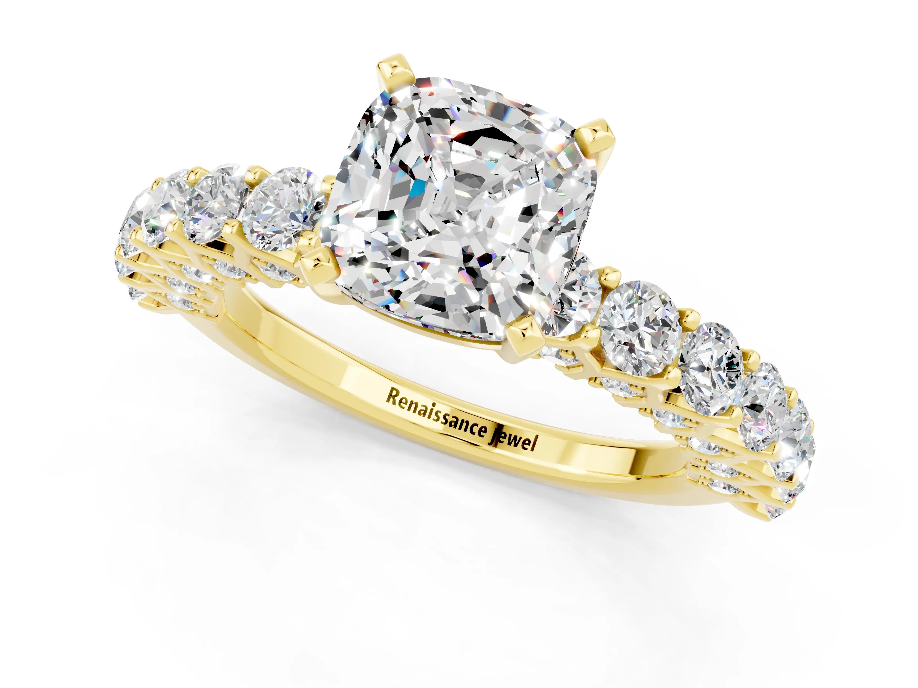 Yellow gold Cushion Cut Moissanite Solitaire Ring with Shared Prong Pavé Band and Four-Prong Setting_1
