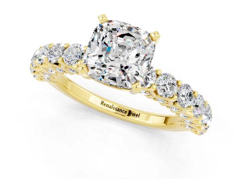 Yellow gold Cushion Cut Moissanite Solitaire Ring with Shared Prong Pavé Band and Four-Prong Setting_1