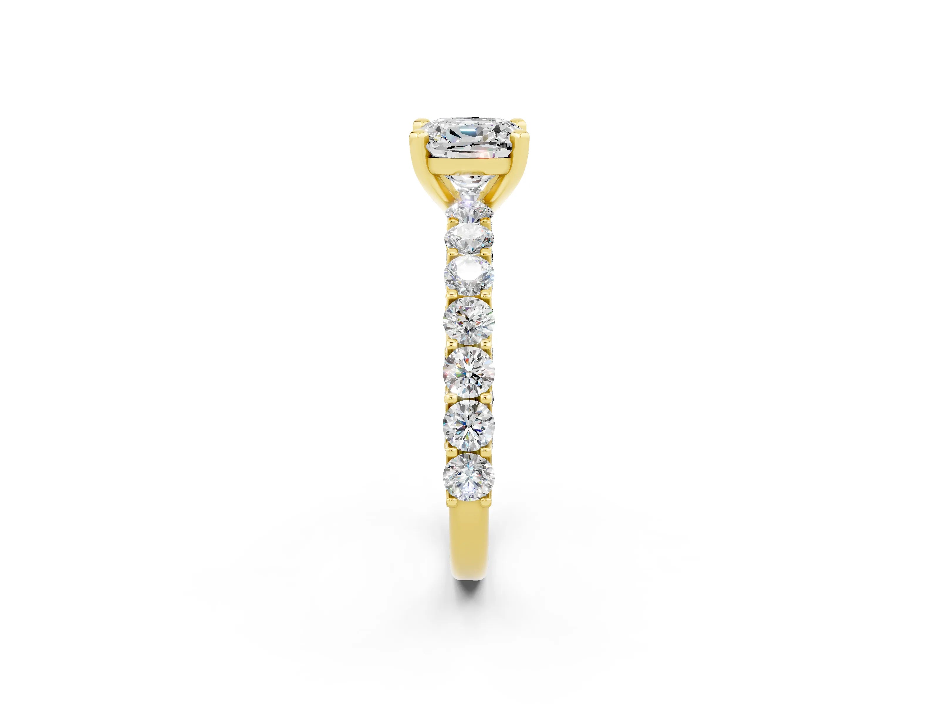 Yellow gold Cushion Cut Moissanite Solitaire Ring with Shared Prong Pavé Band and Four-Prong Setting_2