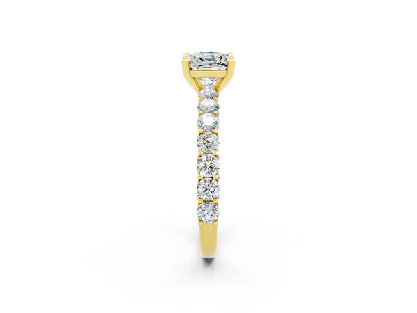 Yellow gold Cushion Cut Moissanite Solitaire Ring with Shared Prong Pavé Band and Four-Prong Setting