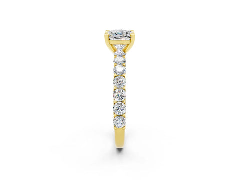 Yellow gold Cushion Cut Moissanite Solitaire Ring with Shared Prong Pavé Band and Four-Prong Setting_2