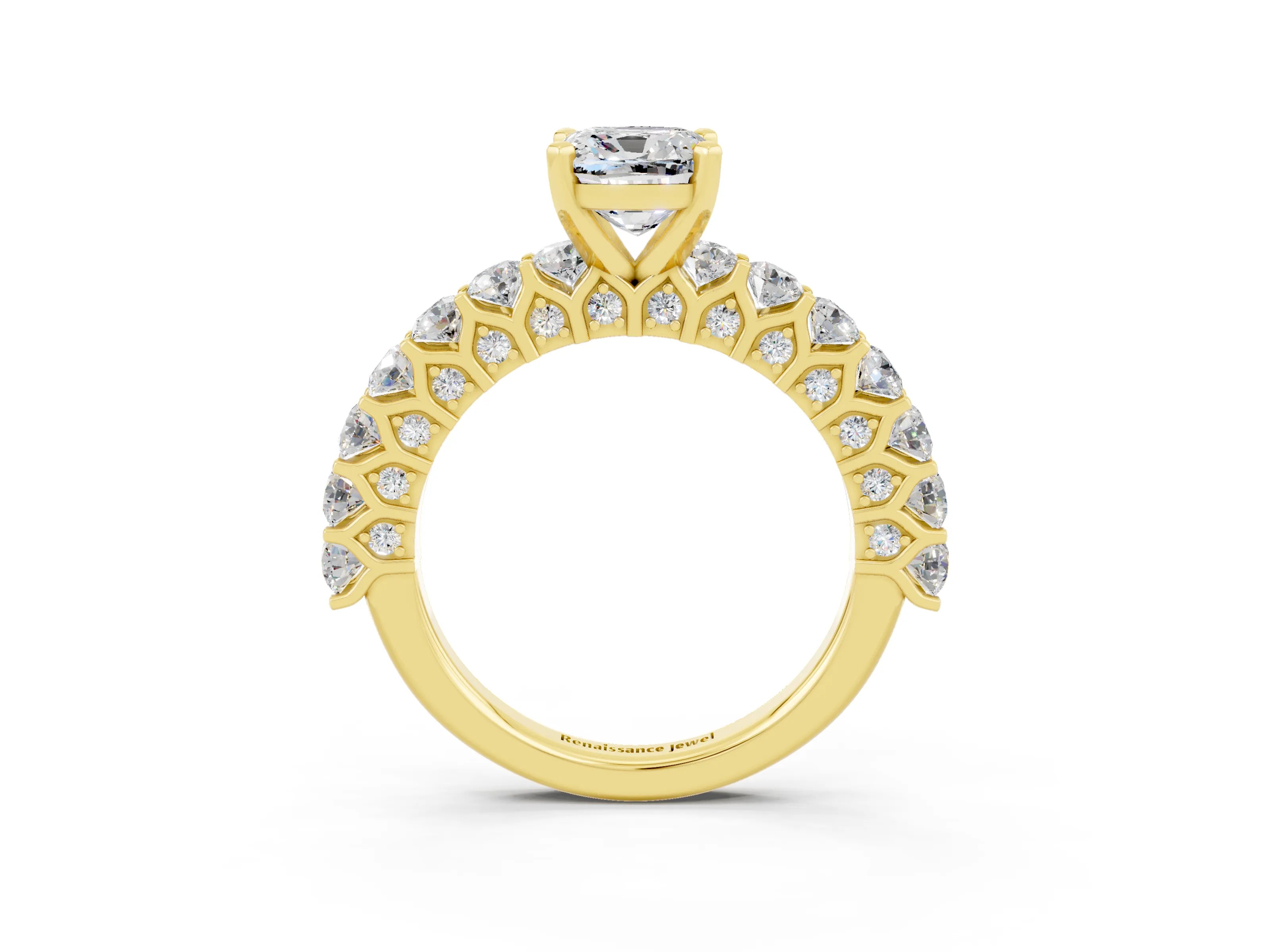 Yellow gold Cushion Cut Moissanite Solitaire Ring with Shared Prong Pavé Band and Four-Prong Setting_3