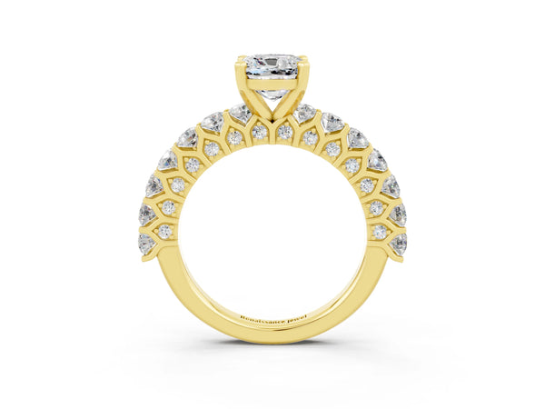 Yellow gold Cushion Cut Moissanite Solitaire Ring with Shared Prong Pavé Band and Four-Prong Setting