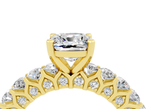 Yellow gold Cushion Cut Moissanite Solitaire Ring with Shared Prong Pavé Band and Four-Prong Setting_4