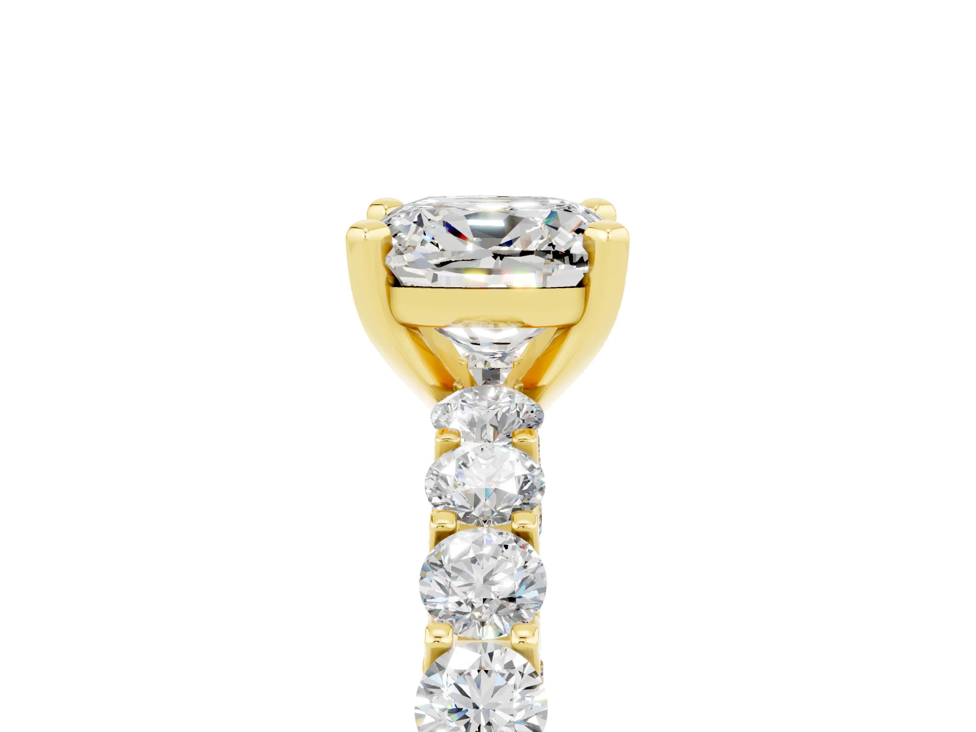 Yellow gold Cushion Cut Moissanite Solitaire Ring with Shared Prong Pavé Band and Four-Prong Setting_5