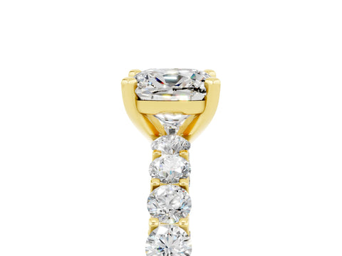 Yellow gold Cushion Cut Moissanite Solitaire Ring with Shared Prong Pavé Band and Four-Prong Setting_5