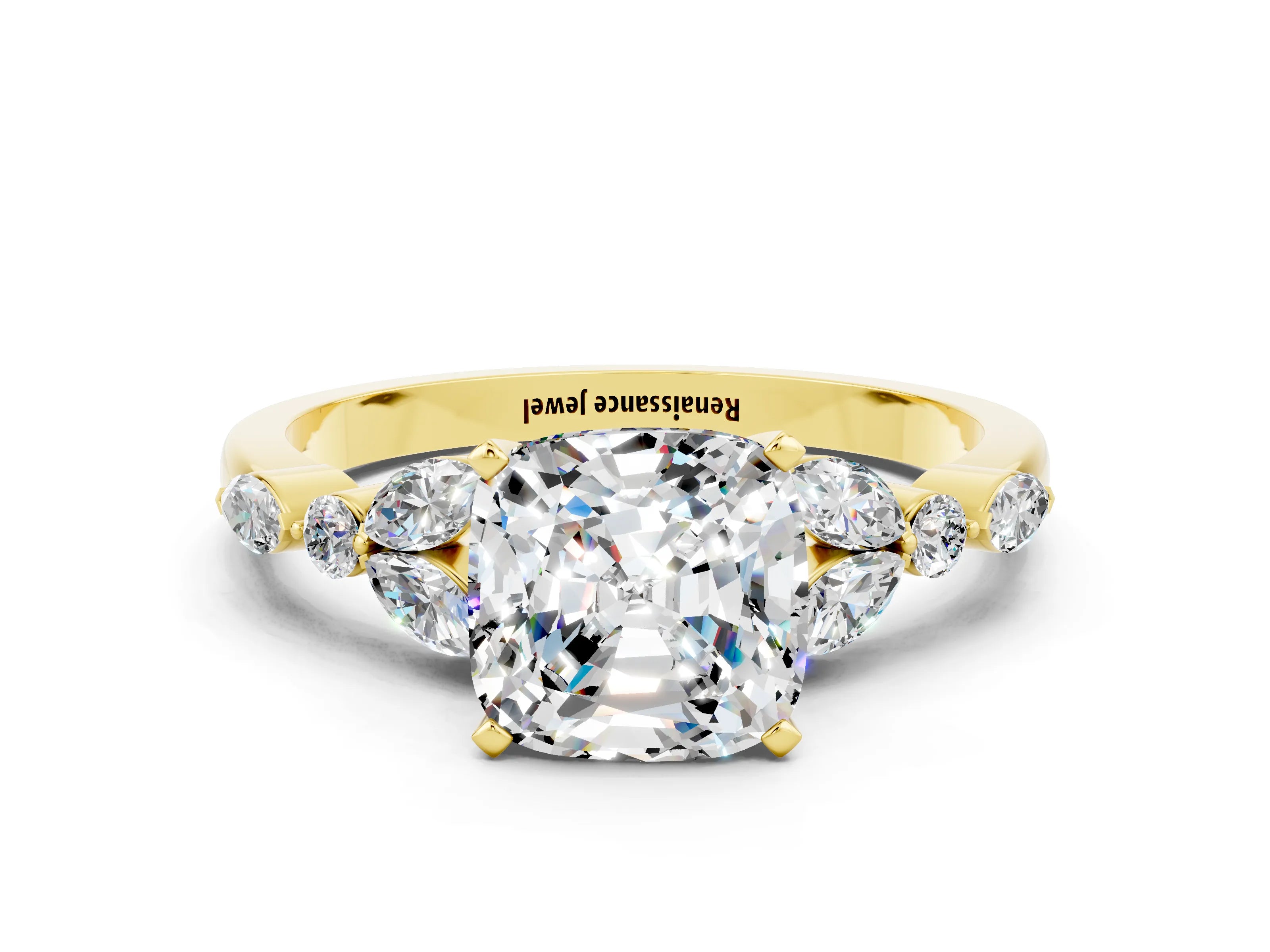Yellow gold Cushion Cut Moissanite Solitaire Ring with Side Stones and Four-Prong Setting_12