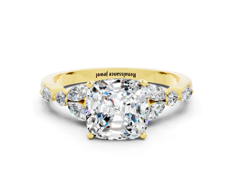 Yellow gold Cushion Cut Moissanite Solitaire Ring with Side Stones and Four-Prong Setting_12