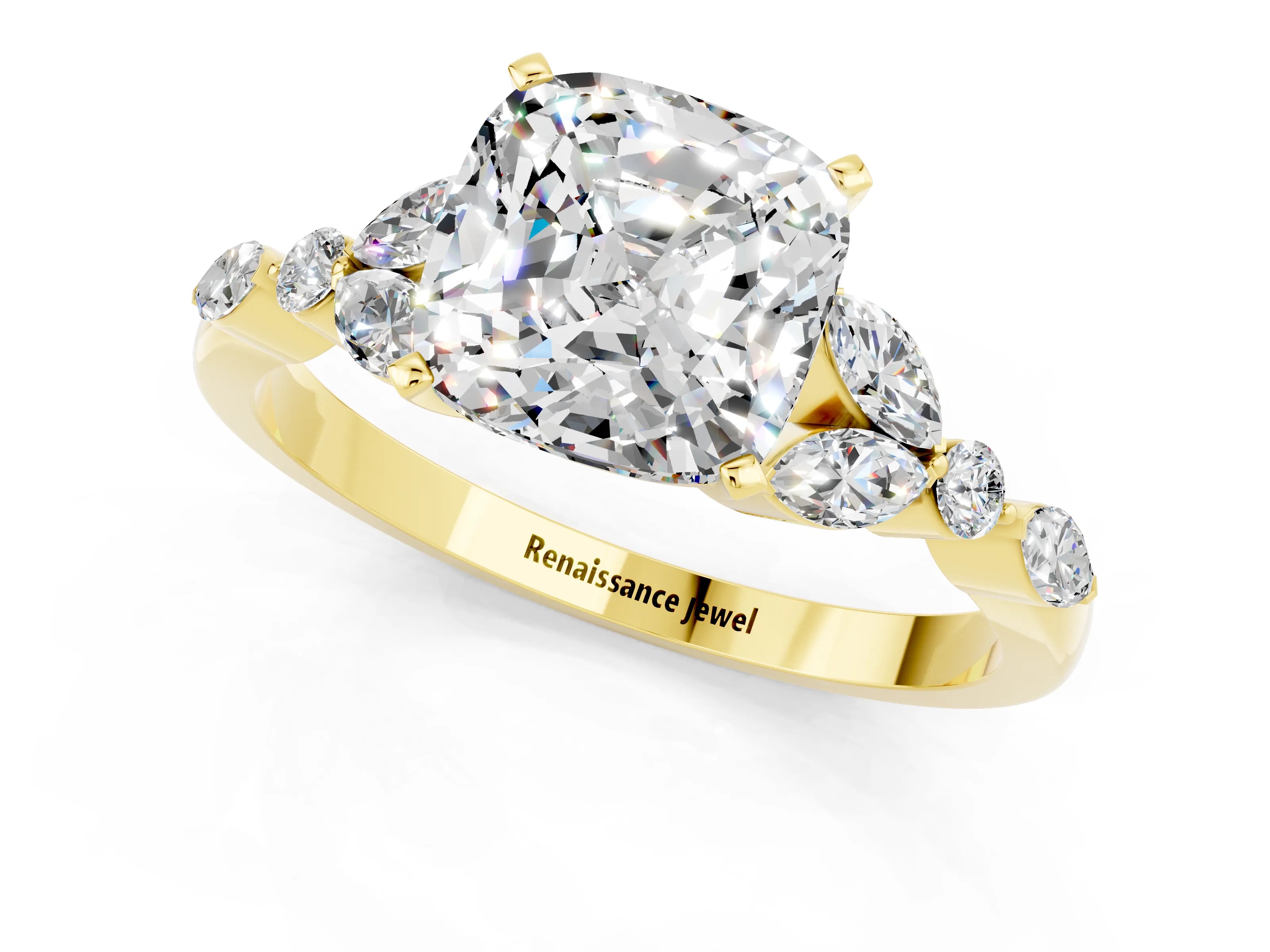 Yellow gold Cushion Cut Moissanite Solitaire Ring with Side Stones and Four-Prong Setting_13