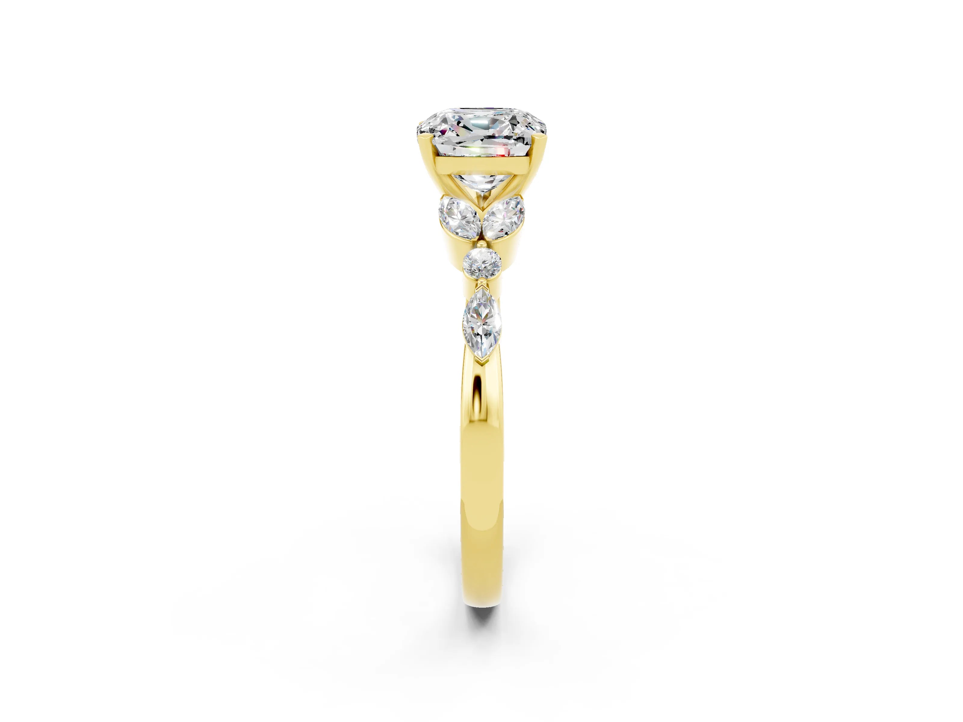 Yellow gold Cushion Cut Moissanite Solitaire Ring with Side Stones and Four-Prong Setting_14