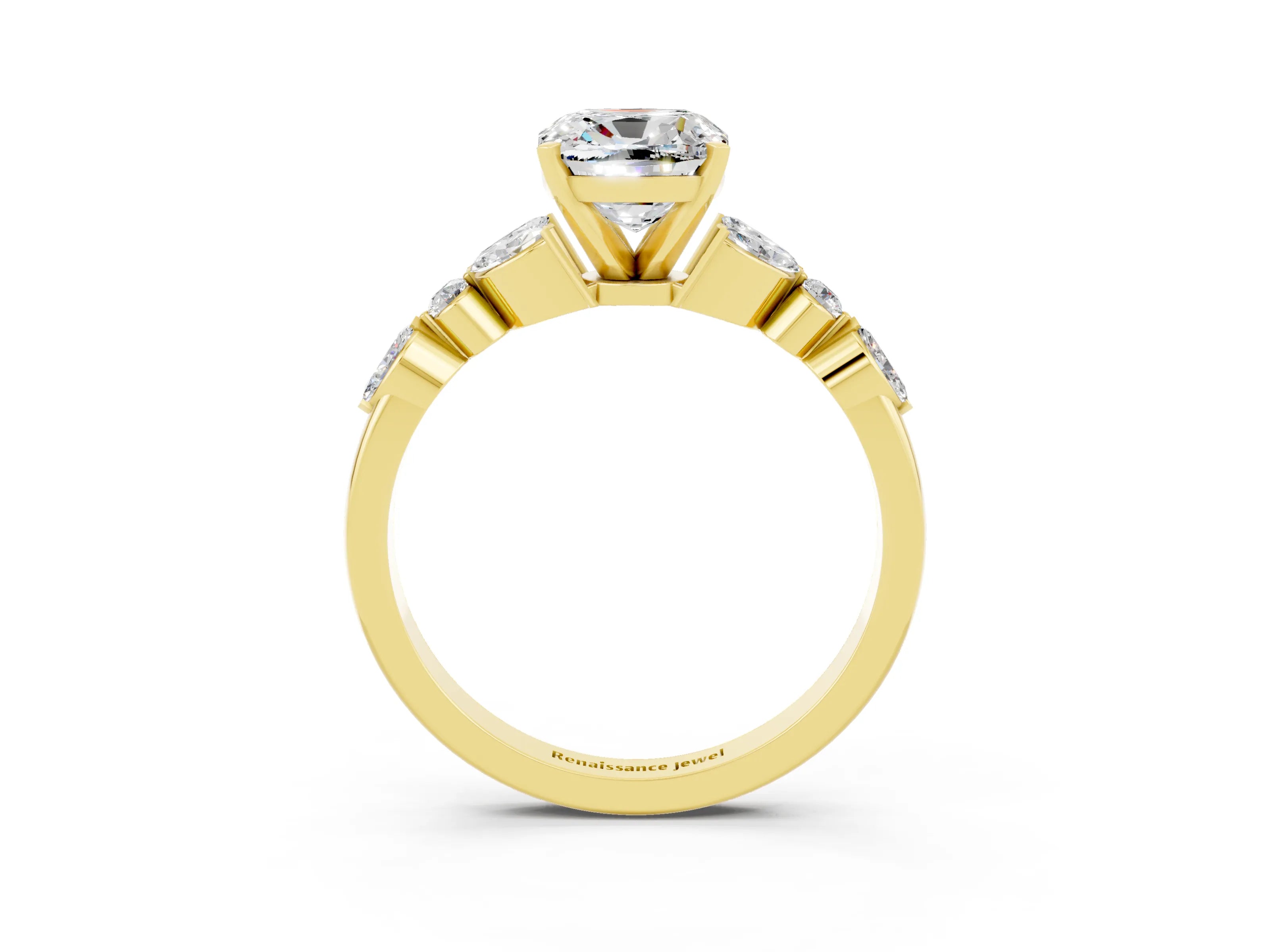 Yellow gold Cushion Cut Moissanite Solitaire Ring with Side Stones and Four-Prong Setting_15
