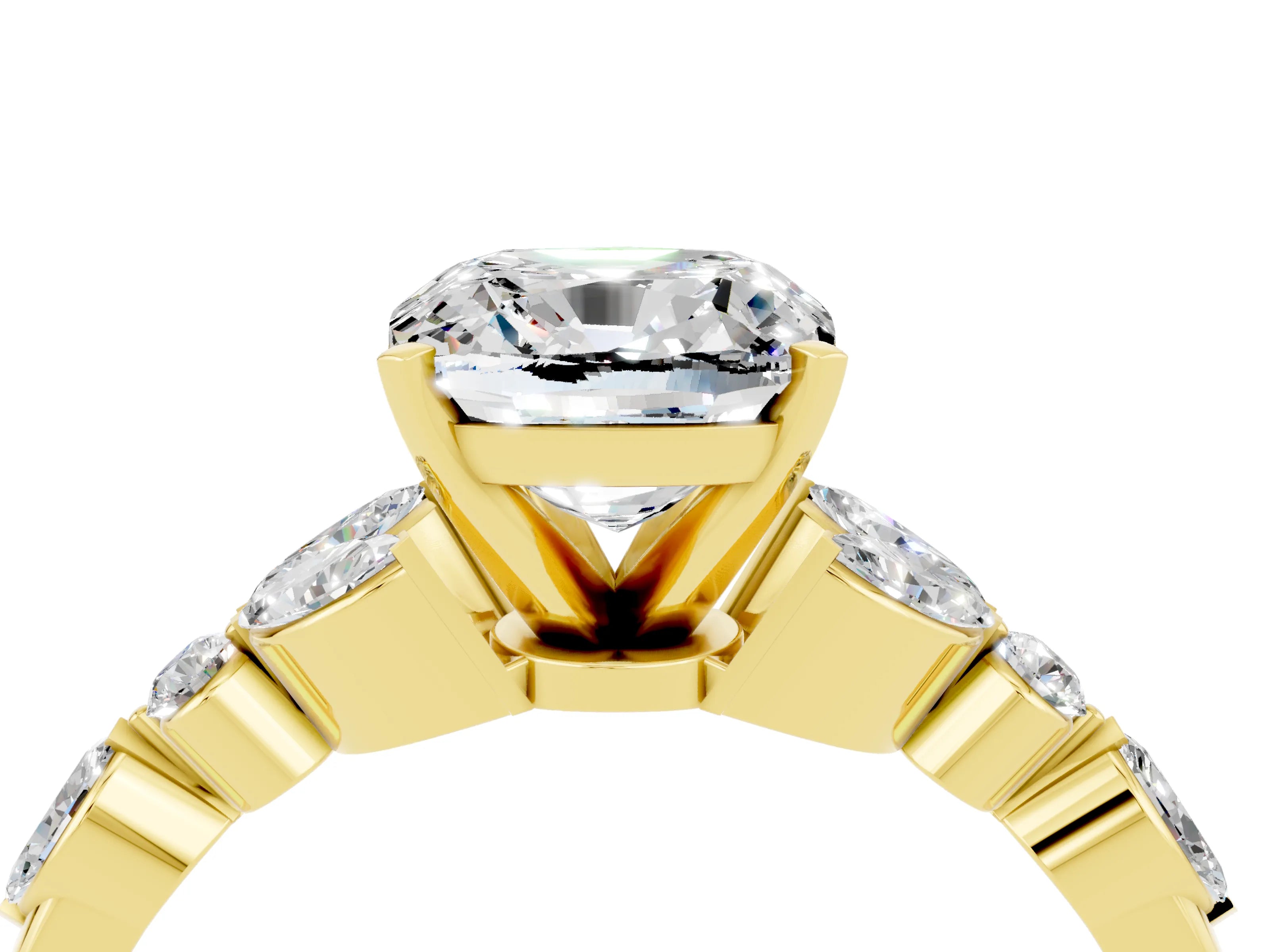 Yellow gold Cushion Cut Moissanite Solitaire Ring with Side Stones and Four-Prong Setting_16