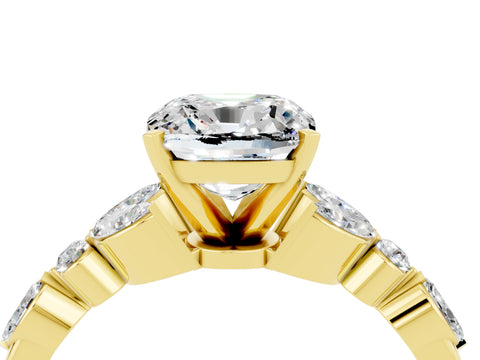 Yellow gold Cushion Cut Moissanite Solitaire Ring with Side Stones and Four-Prong Setting_16