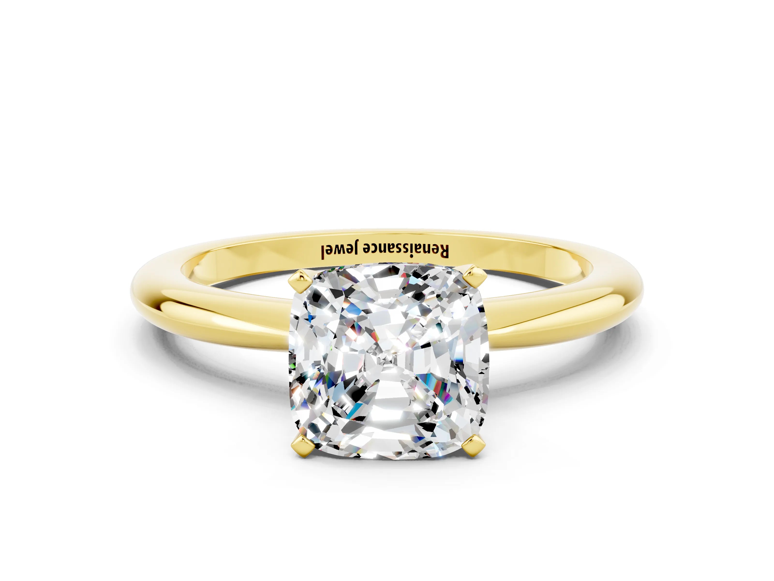 Yellow gold Cushion Cut Moissanite Solitaire Ring with Six-Prong Setting and Classic Band